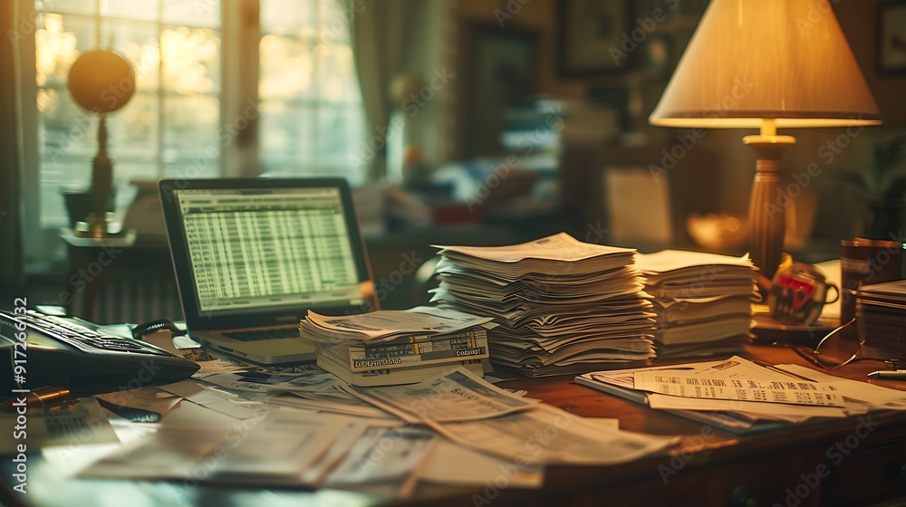 A wide-angle view of a cluttered desk with stacks of bills, overdue payment notices, and a laptop showing overdue accounts. The scene is bathed in the soft light of early evening, A wide-angle view of a cluttered desk with stacks of bills, overdue payment notices, and a laptop showing overdue accounts. The scene is bathed in the soft light of early evening,