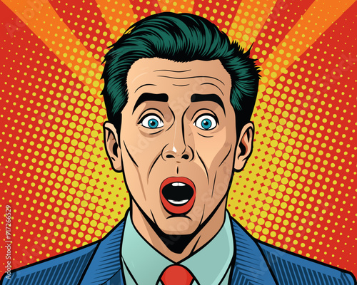 Portrait of scared man. Scared businessman. Surprised man. Pop art retro style illustration. People in retro style. Halftone background. Man's face
