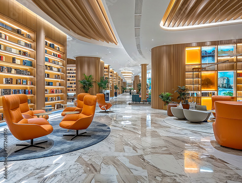 A large room with a lot of books and orange chairs. The room is very spacious and has a lot of natural light. The orange chairs are arranged in a circle photo