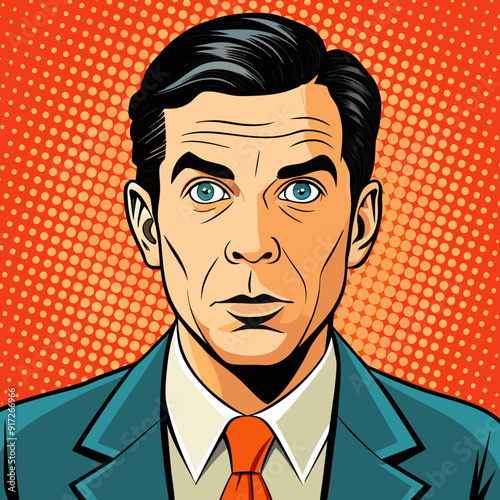 Portrait of scared man. Scared businessman. Surprised man. Pop art retro style illustration. People in retro style. Halftone background. Man's face
