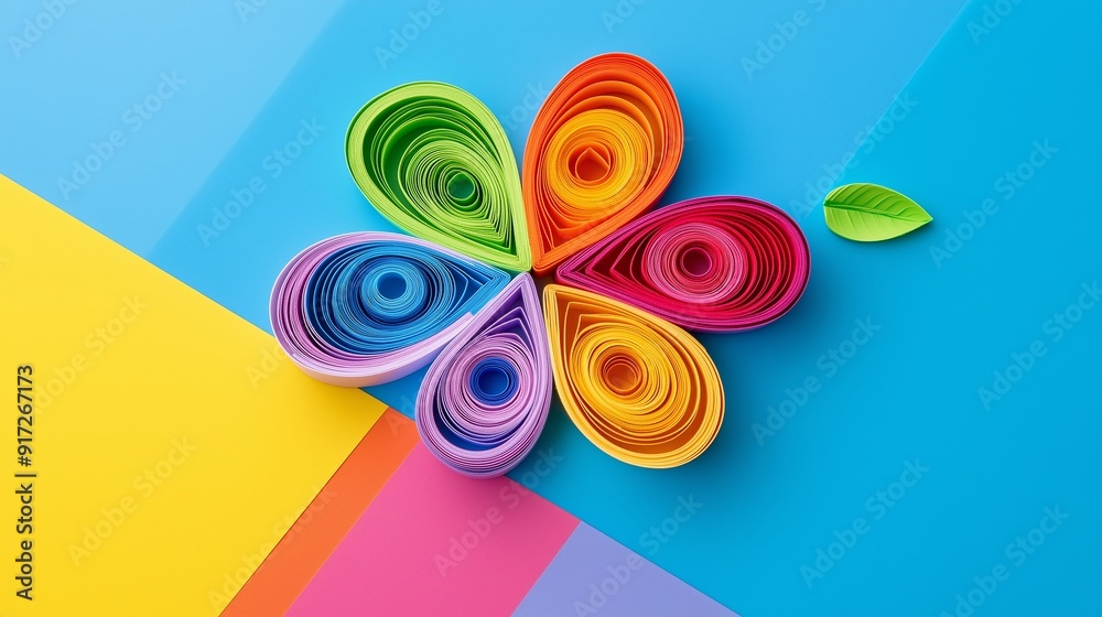 Obraz premium A colorful paper flower with a leaf on top. The flower is made of different colored paper and is placed on a blue background. Concept of creativity and artistry, as well as a feeling of freshness