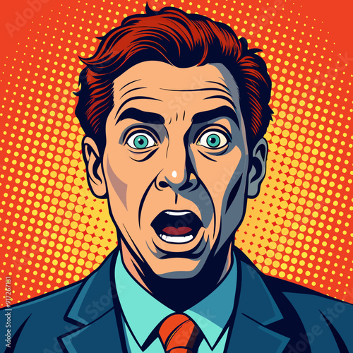 Portrait of scared man. Scared businessman. Surprised man. Pop art retro style illustration. People in retro style. Halftone background. Man's face
