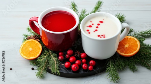 A white mug with a red swirl on it sits on a black tray with a red and white swirl on it. There are two oranges on the tray, one on the left