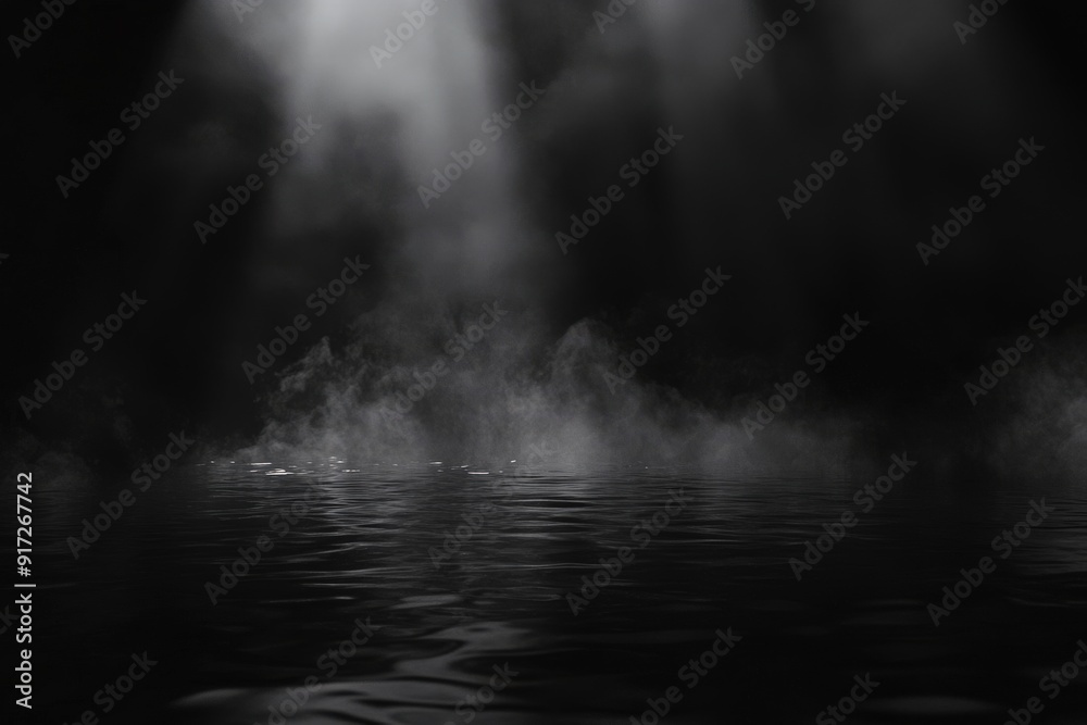 Foggy water surface illuminated by gentle beams of light at night