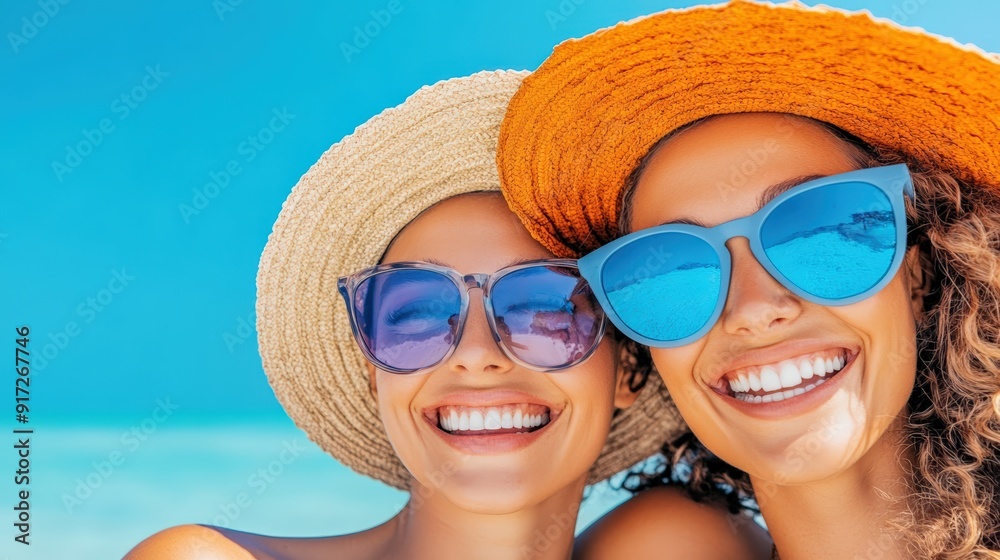 Two smiling women wearing sunglasses and sun hats enjoying a sunny day at the beach with a bright blue sky in the background. Two smiling women wearing sunglasses and sun hats enjoying a sunny day at the beach with a bright blue sky in the background.