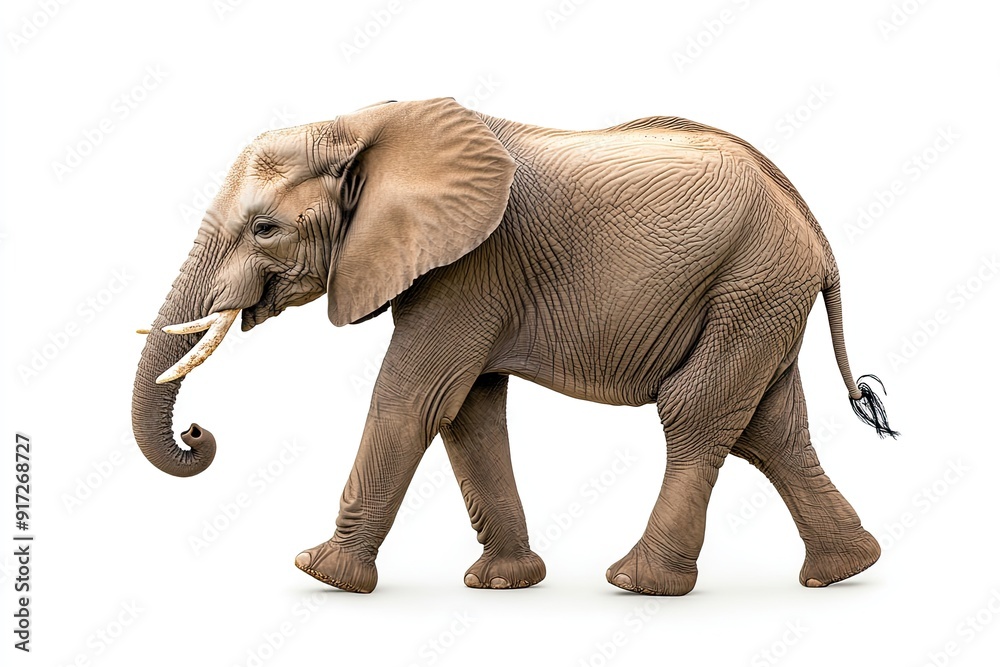 Fototapeta premium Elephant walking and trumpeting isolated on a white background