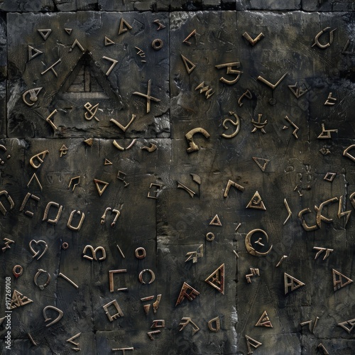 Abstract Stone Wall with Ancient Symbols.