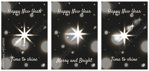 Style New Year greeting postcard with trendy Highlight star isolated black backgound. Overlay light celebration poster. Luxury vector aesthetic for social media card cover print. EPS 10