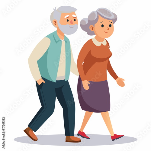 Old senior man and woman walking together arm in arm. Aged grey haired couple