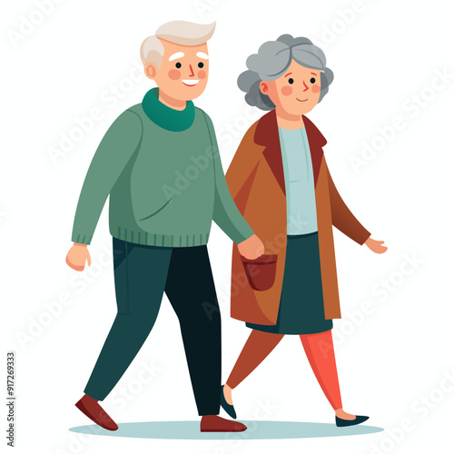 Old senior man and woman walking together arm in arm. Aged grey haired couple