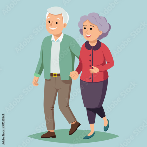 Old senior man and woman walking together arm in arm. Aged grey haired couple