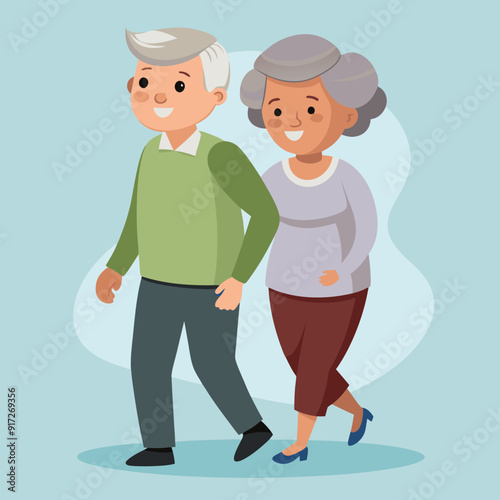 Old senior man and woman walking together arm in arm. Aged grey haired couple