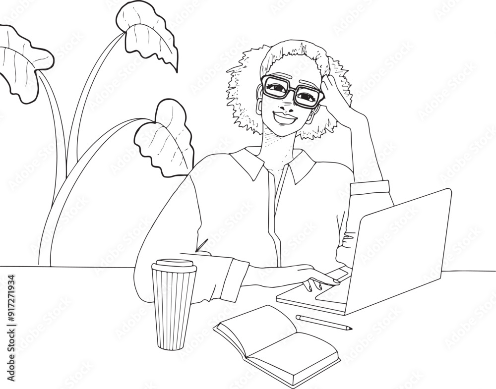 femme noire sourire lunettes travail ordinateur bureau café plante carnet crayon vecteur femme noire sourire lunettes travail ordinateur bureau café plante carnet crayon vecteur