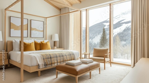 luxurious bedroom featuring a wooden canopy bed with plaid and mustard colored pillows. The room has large floor to ceiling windows offering a scenic snowy mountain view