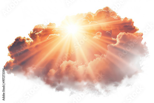 sunset with amazing lens flare effect, rays of sunlight breaking through clouds, on white background photo