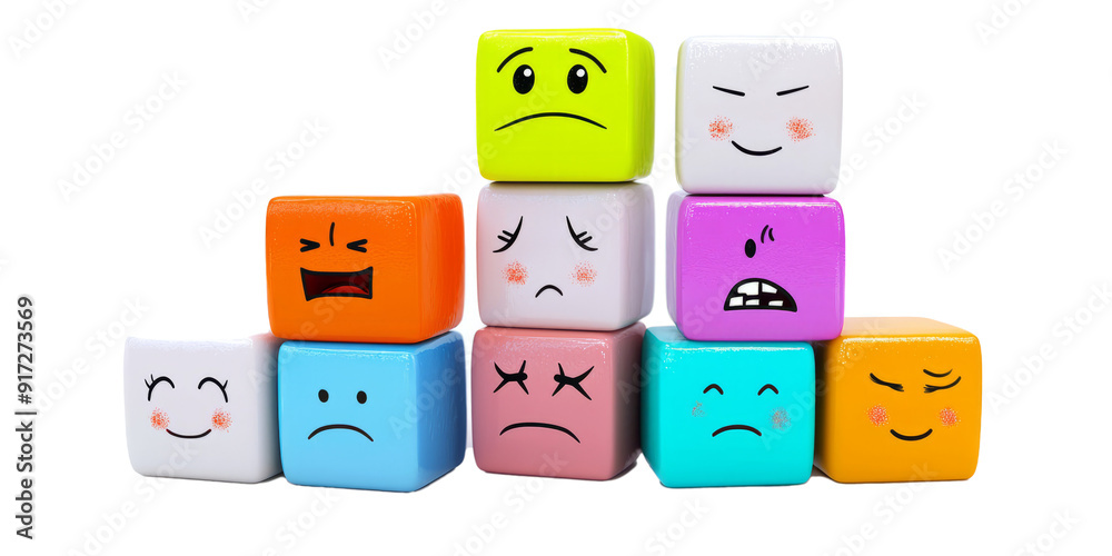 A stack of colorful cubes, each representing a different facial expression, emotion such as excitement, sadness and curiosity, isolated on white background. A stack of colorful cubes, each representing a different facial expression, emotion such as excitement, sadness and curiosity, isolated on white background.