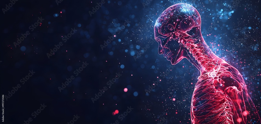 Vividly detailed glowing human skeletal structure with neural pathways highlighted against a dark, ethereal blue Vividly detailed glowing human skeletal structure with neural pathways highlighted against a dark, ethereal blue