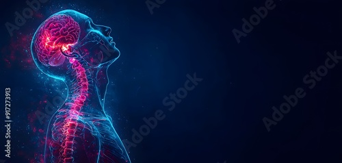 Visualization showcases acute pain in fibromyalgia through a highlighted brain and spinal cord. Striking imagery! photo