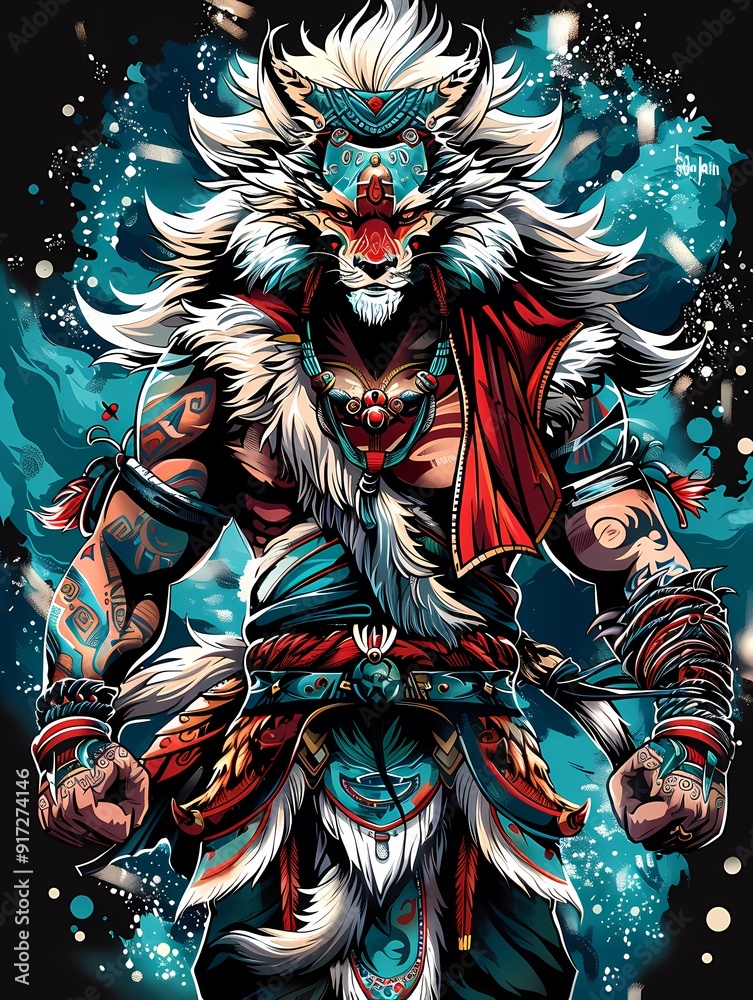 A powerful warrior figure adorned with tribal elements and animal motifs, exuding strength. A powerful warrior figure adorned with tribal elements and animal motifs, exuding strength.