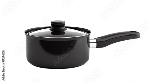 Black saucepan with a lid, perfect for cooking a variety of dishes. Ideal for home kitchens and culinary presentations.