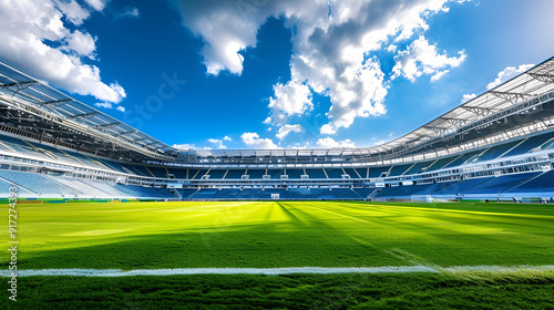 Huge and Empty Soccer Stadium with Green Field and Blue Sky, Sports Venue Visualization, Stadium Architecture, Generative AI