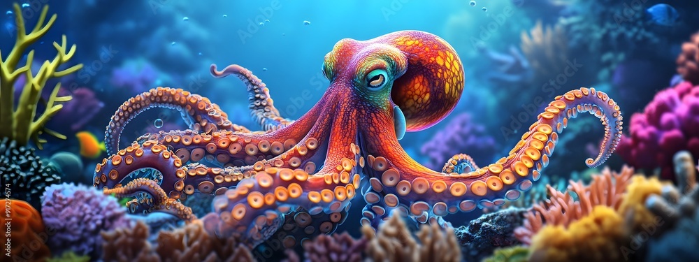 Obraz premium A vibrant octopus swimming gracefully in the colorful coral reef