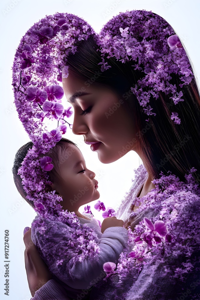 Mother and Child Love Surrounded by Purple Flowers. Mother and Child Love Surrounded by Purple Flowers.