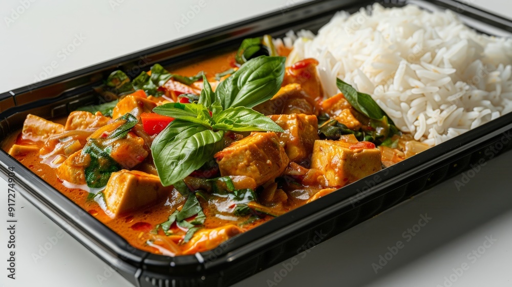 Black plastic rectangular container with red curry and tofu, steamed jasmine rice, isolated on a white background, side view, food photography, delicious, studio shot, shadows from the sun, zoom out Black plastic rectangular container with red curry and tofu, steamed jasmine rice, isolated on a white background, side view, food photography, delicious, studio shot, shadows from the sun, zoom out