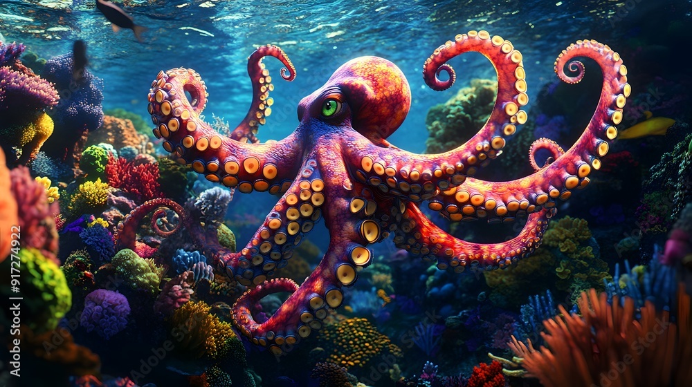 Obraz premium A vibrant octopus swimming gracefully in the colorful coral reef