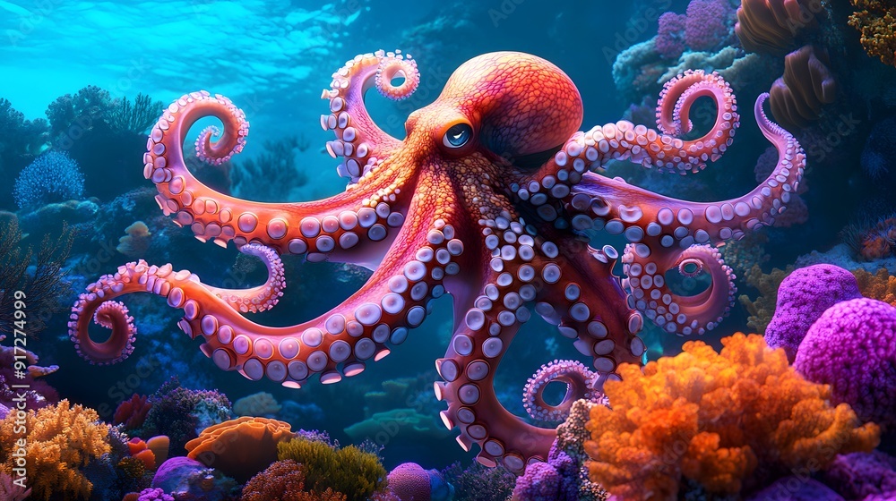 Obraz premium A vibrant octopus swimming gracefully in the colorful coral reef