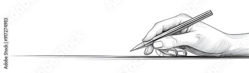 Hand holding ballpoint pen drawing a line, line art modern illustration