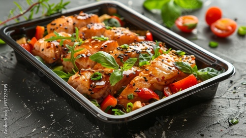 Black plastic rectangular container with Thai crispy fish salad, isolated on a white background, side view, food photography, delicious, studio shot, shadows from the sun, zoom out