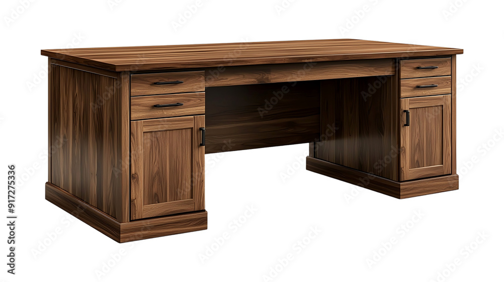 Elegant wooden desk with drawers, perfect for home or office use, combining functionality and style for productive work environments, isolated on transparent background. Elegant wooden desk with drawers, perfect for home or office use, combining functionality and style for productive work environments, isolated on transparent background.