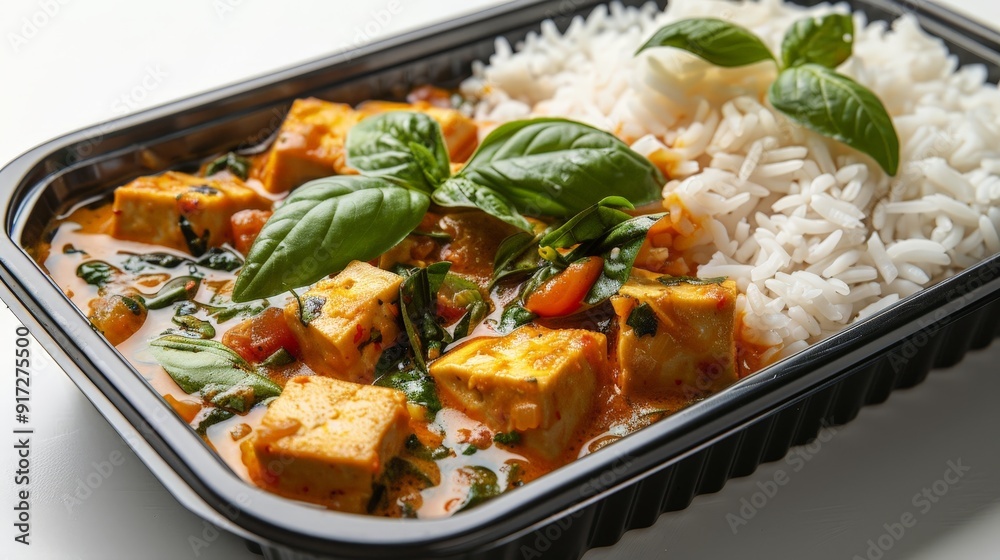 Black plastic rectangular container with Thai tofu green curry, jasmine rice, isolated on a white background, side view, food photography, delicious, studio shot, shadows from the sun, zoom out Black plastic rectangular container with Thai tofu green curry, jasmine rice, isolated on a white background, side view, food photography, delicious, studio shot, shadows from the sun, zoom out