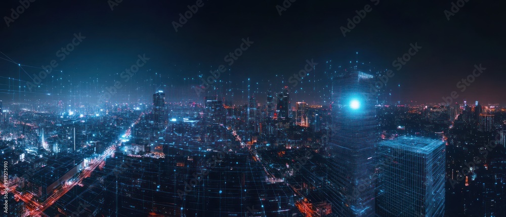 Obraz premium Nighttime Cityscape with Digital Network Overlay