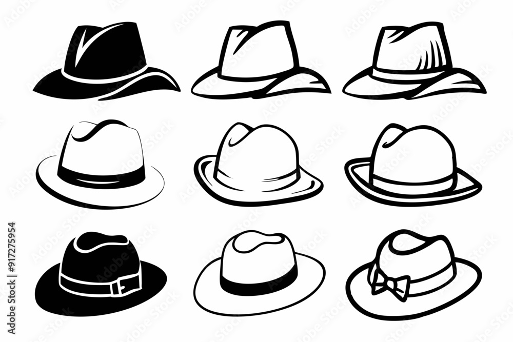 Set of hat vector illustration and different flat cap and hat icons hand drawn black and white logo vector collection set Set of hat vector illustration and different flat cap and hat icons hand drawn black and white logo vector collection set