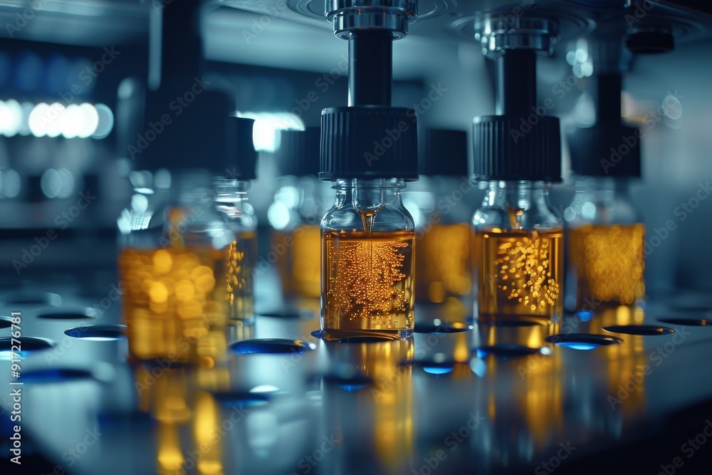 Close-Up View of Amber Liquid Bottles on a Laboratory Production Line During Evening Hours Close-Up View of Amber Liquid Bottles on a Laboratory Production Line During Evening Hours