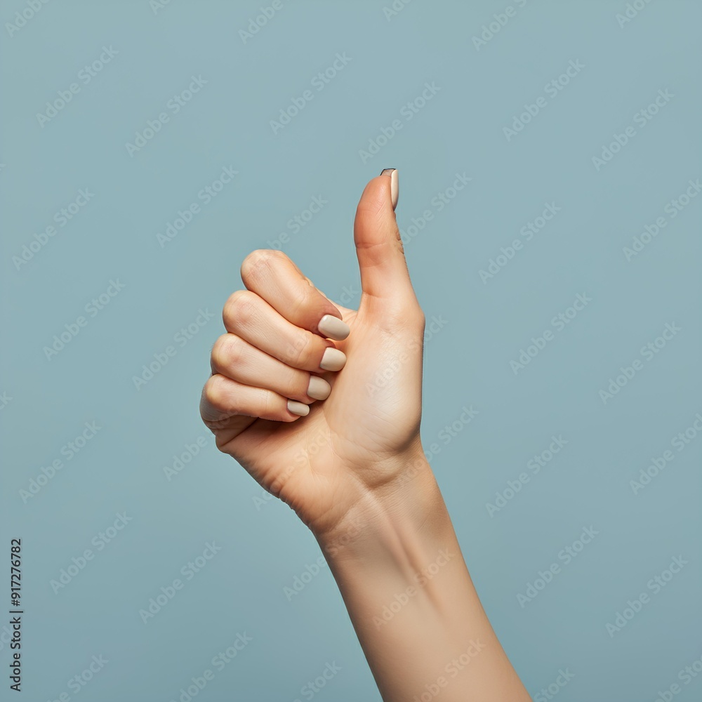 A hand giving a thumbs-up gesture with neatly manicured nails against a light blue background. A hand giving a thumbs-up gesture with neatly manicured nails against a light blue background.