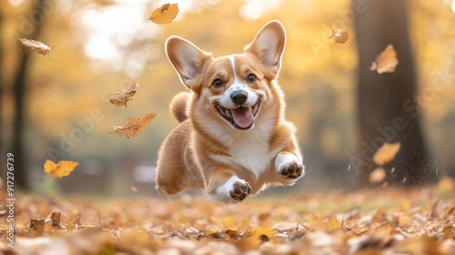 Runner dog in autumn leaves - creative IA