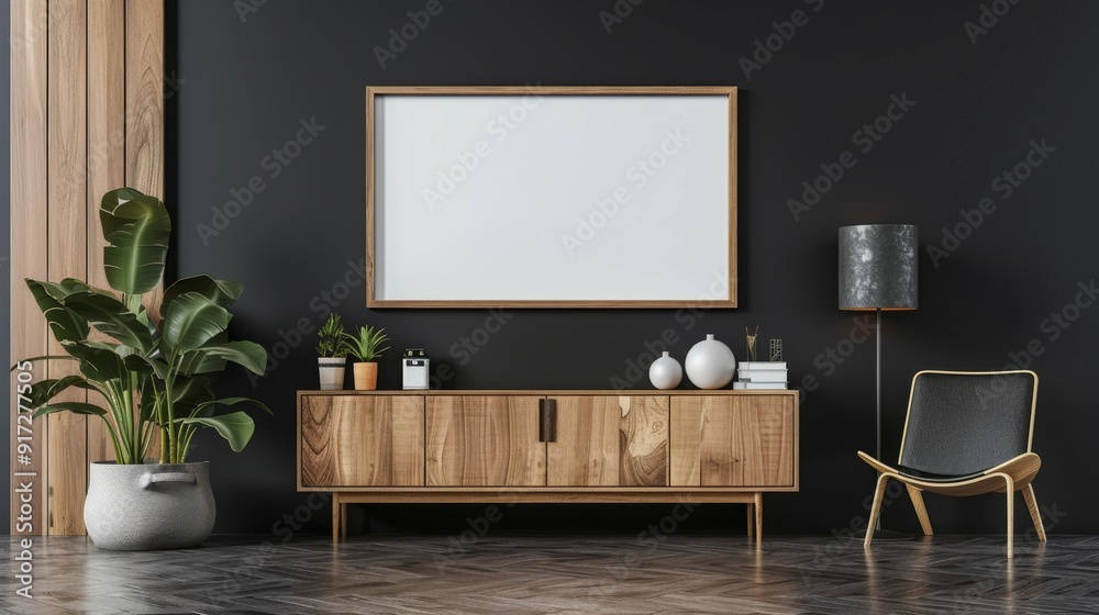 Mockup frame on cabinet in living room on empty dark wall background. Mockup frame on cabinet in living room on empty dark wall background.