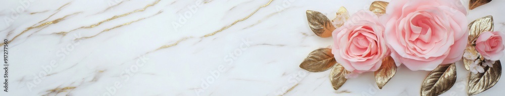 Fototapeta premium Elegant Romance: A Pink Rose with Golden Leaves on a Marble Background, Exuding a Luxurious and Artistic Ambiance of Sophistication and Delicacy