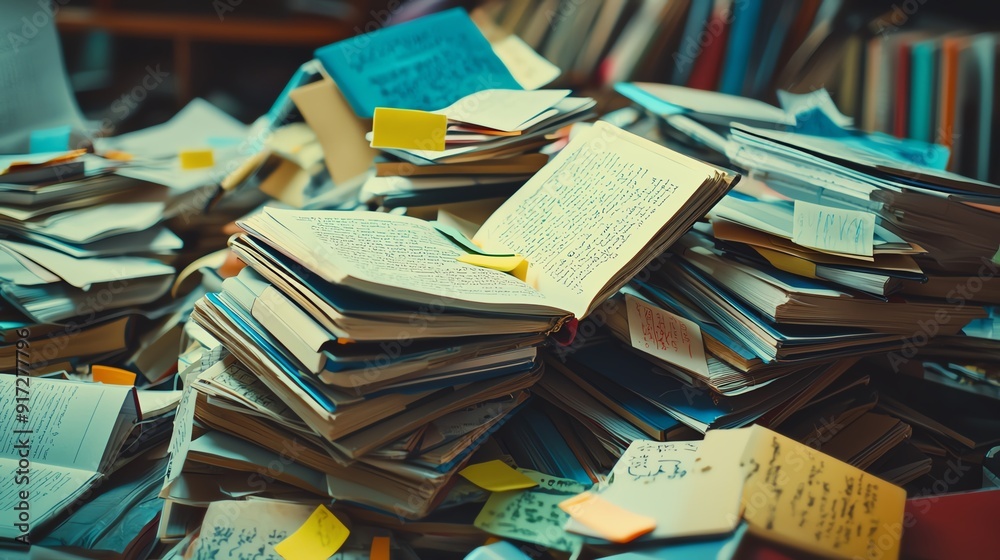 Obraz premium A chaotic pile of books with colorful notes, representing knowledge, learning, and organization in a creative workspace.