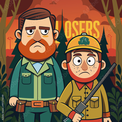 Hunters losers. Cartoon illustration of a hunters with a sad expression