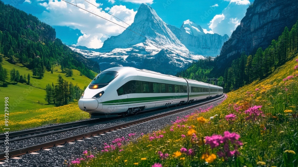 High-speed train against the backdrop of picturesque mountain scenery High-speed train against the backdrop of picturesque mountain scenery