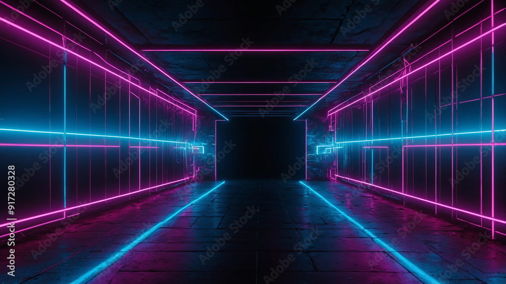 Futuristic neon-lit tunnel with magenta and cyan light creating a vibrant and immersive visual experience.