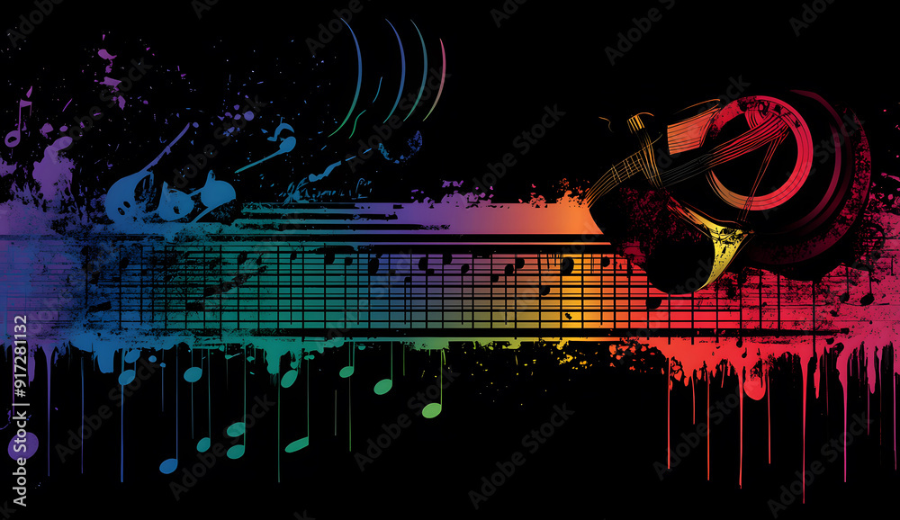 Obraz premium Music background with iconic music symbols. on a vibrant rainbow gradient backdrop. colorful paint splash design