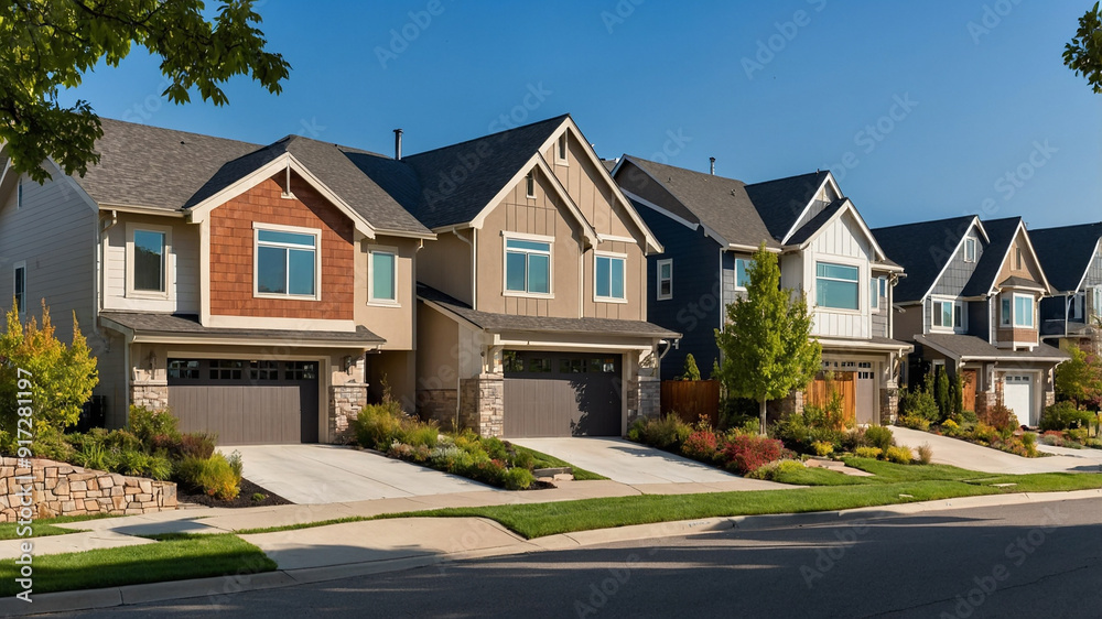 A row of modern suburban homes in a clean and well-maintained neighborhood on a sunny day with clear skies. A row of modern suburban homes in a clean and well-maintained neighborhood on a sunny day with clear skies.