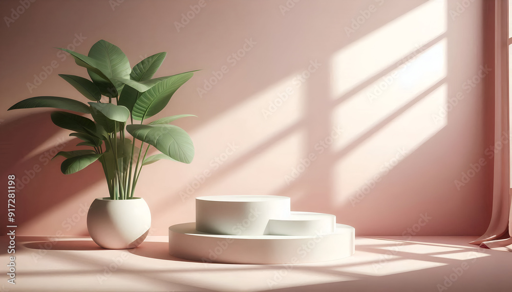 3D Render Pastel Pink Podiums With Soft Shadows And A White Vase With Tropical Leaves Casting A Shadow. Cosmetic Or Beauty Product Promotion, Abstract Minimal Advertise. Copy Space Mockup. 3D Render Pastel Pink Podiums With Soft Shadows And A White Vase With Tropical Leaves Casting A Shadow. Cosmetic Or Beauty Product Promotion, Abstract Minimal Advertise. Copy Space Mockup.