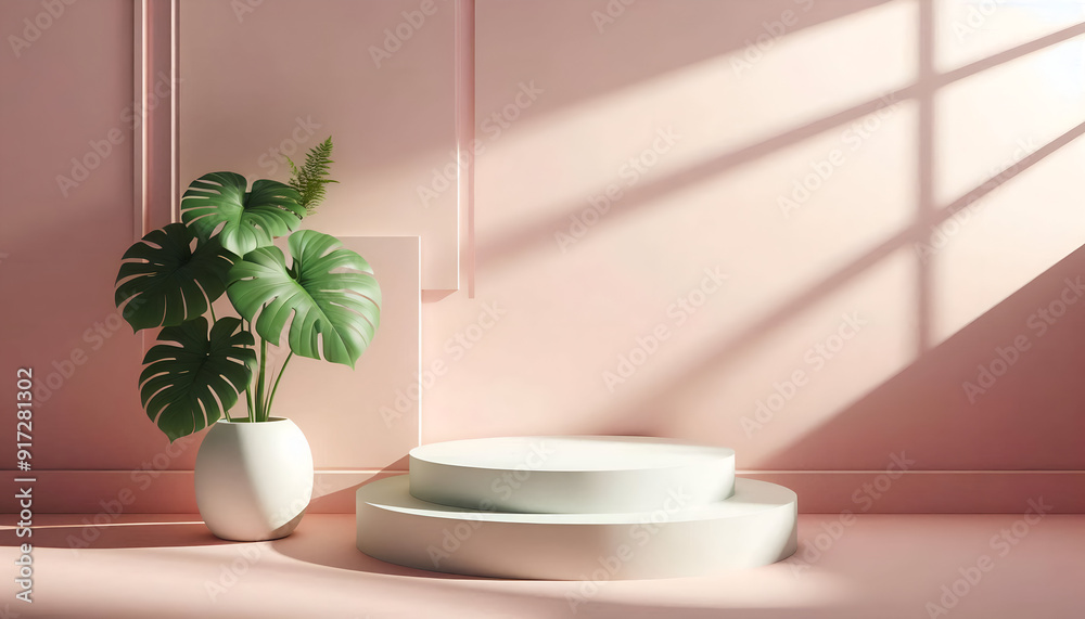3D Render Pastel Pink Podiums With Soft Shadows And A White Vase With Tropical Leaves Casting A Shadow. Cosmetic Or Beauty Product Promotion, Abstract Minimal Advertise. Copy Space Mockup. 3D Render Pastel Pink Podiums With Soft Shadows And A White Vase With Tropical Leaves Casting A Shadow. Cosmetic Or Beauty Product Promotion, Abstract Minimal Advertise. Copy Space Mockup.