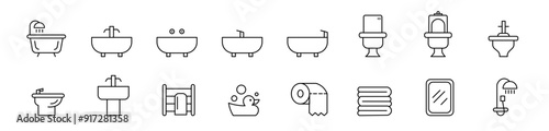 Furniture or equipment for bathroom and toilet line icons on white background